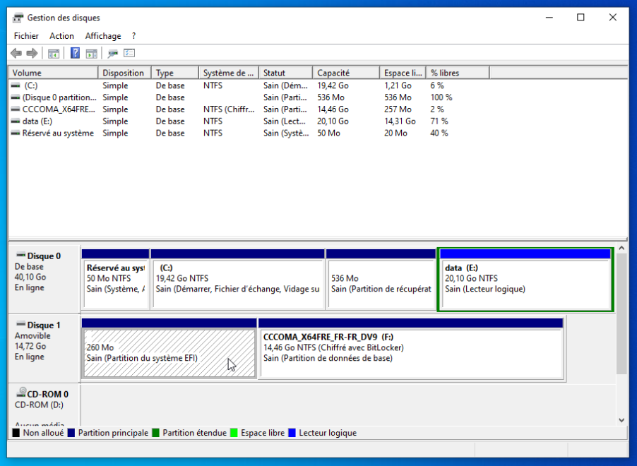 Windows disk manager showing USB disk’s EFI partition